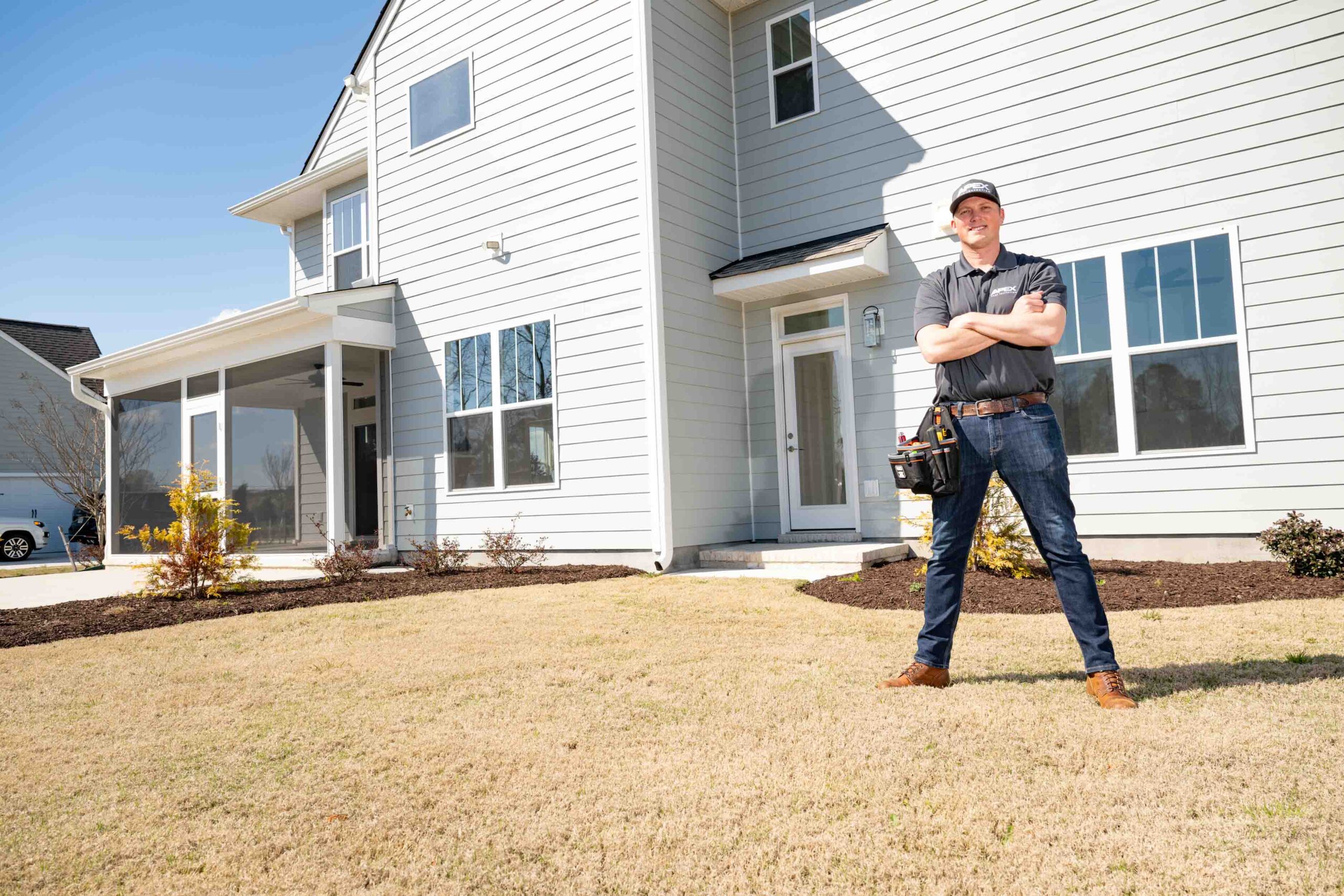 Home Inspection Apex Home Inspection inspector standing in front of a Hampton Roads, VA home during a professional home inspection.