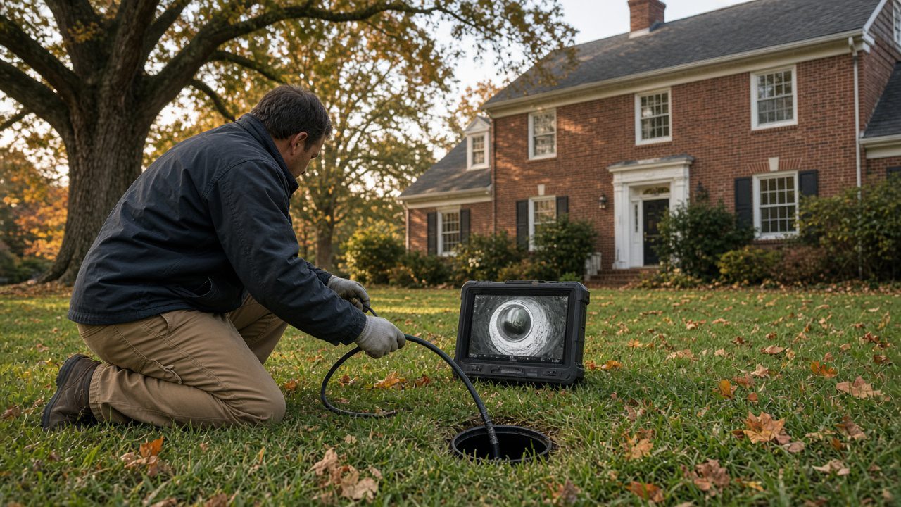 Home inspector feeding a sewer scope camera into a yard cleanout in front of an older brick home in Hampton Roads